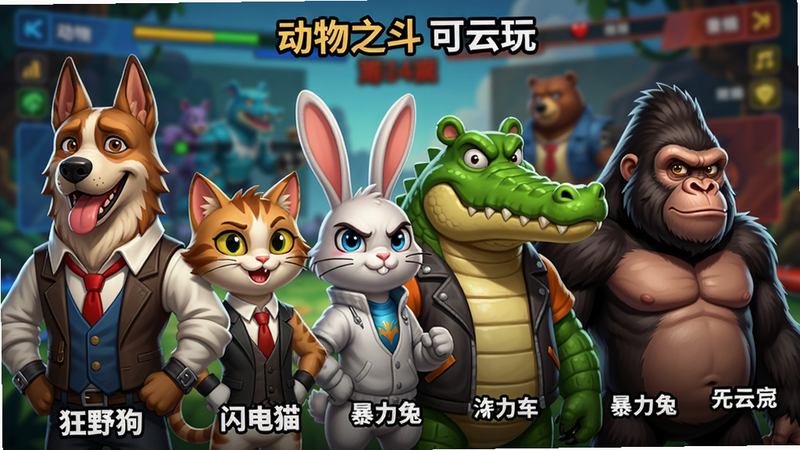 展示《动物之斗 可云玩》中多个动物角色立绘,主体为狗、猫、兔子、熊、鳄鱼、猩猩等角色站成一排,布局从左到右依次排列,每个角色下方标注中文名字如'狂野狗''闪电猫''暴力兔'等,背景为游戏对战场景,风格卡通漫画,细节包括角色表情各异、服装细节丰富、毛发质感清晰,画质高清干净。