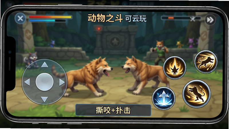 展示《动物之斗 可云玩》操作界面,主体为手机屏幕,左侧有虚拟摇杆,右侧有三个圆形技能按键(标有技能图标),布局下方有连招提示条显示'撕咬+扑击',背景为对战场景,风格游戏UI,细节包括按键半透明、摇杆有方向指示,画质高清。