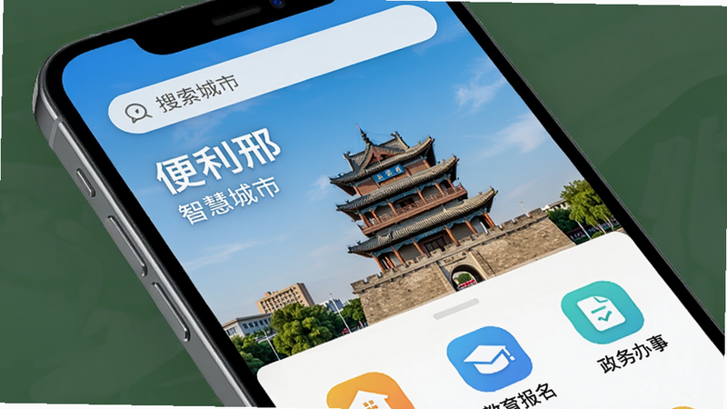 一部智能手机屏幕显示“便利邢”APP主界面,上方有搜索栏,下方为功能图标排列,包括智慧房产、教育报名、政务办事等,背景为邢台市地标建筑(如清风楼),整体风格清新简约,色彩明快,画质高清,干净无多余元素,文字标注“便利邢”及“智慧城市”字样