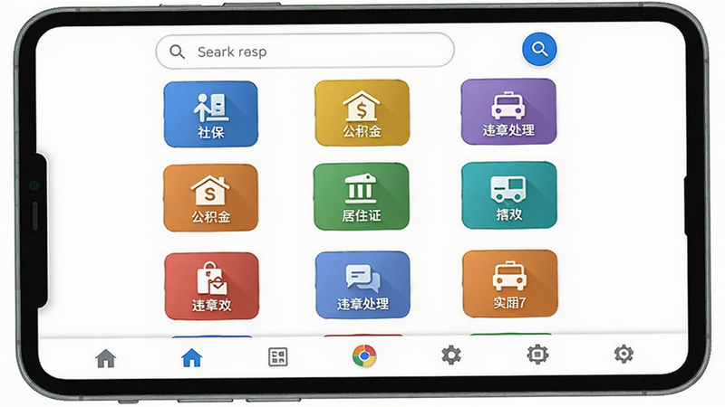 便利邢政务办事主界面,九宫格图标展示社保、公积金、居住证、违章处理等入口,顶部搜索框,底部导航栏,风格Material Design,色彩鲜明,背景白色,画面简洁