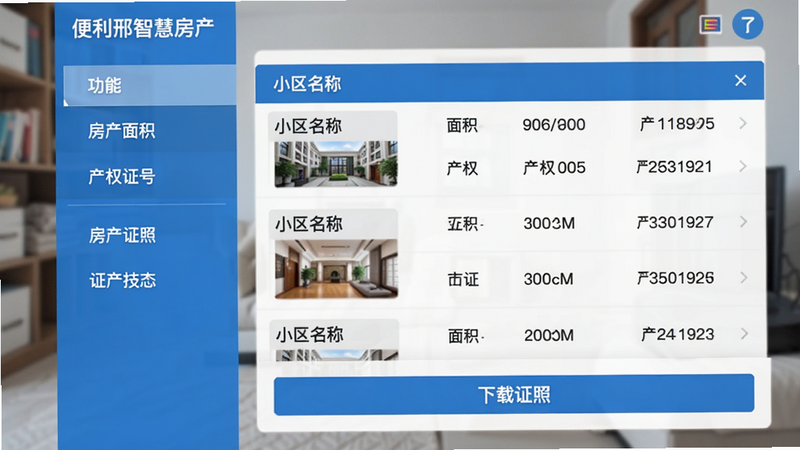 便利邢智慧房产界面截图,左侧为功能菜单栏,右侧展示房产信息列表,包含小区名、面积、产权证号,底部有“下载证照”按钮,背景虚化处理,风格扁平化,色彩以蓝白为主,画质清晰干净