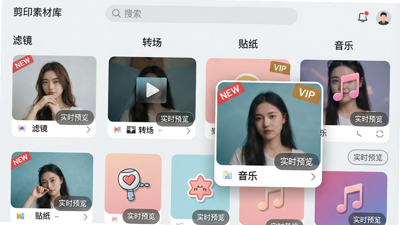 主体:剪印素材库界面,分类展示“滤镜”“转场”“贴纸”“音乐”;布局:上方搜索栏,下方为网格缩略图,每张缩略图右下角有“实时预览”按钮;排版:图标卡片式,每张卡片下方有名称;风格:清新明亮,背景为浅灰色;细节:部分缩略图上标注“NEW”和“VIP”,一张卡片被选中显示放大预览效果;画质:高清,无多余元素