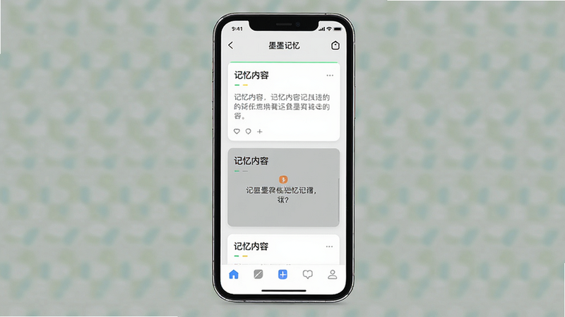 主体:一部智能手机屏幕上显示墨墨记忆卡应用界面,布局为中心卡片列表与底部导航栏,排版简洁清晰,风格为扁平化现代UI,细节包含卡片正面显示“记忆内容”字样、背面显示释义,画质高清干净,无多余元素