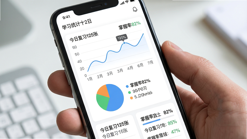主体:手机屏幕上显示学习统计看板,包含折线图、饼图与数字列表,布局为顶部日期、中部图表、底部详细数据,风格为现代数据可视化风格,细节包含“今日复习125张”“掌握率82%”等字样,画质干净,无多余元素