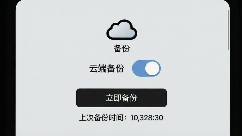 便签笔记备份界面,中间显示“云端备份”开关,下方有“立即备份”按钮和“上次备份时间”,背景浅灰,文字黑色,界面简洁,包含云朵图标,画质干净,无杂乱元素