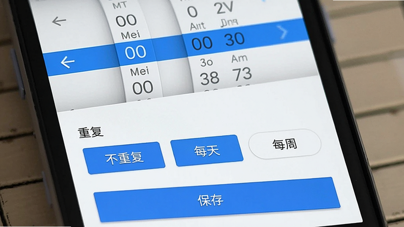便签笔记提醒设置页面,顶部时间选择滚轮,中间“重复”选项有“不重复”“每天”“每周”按钮,底部“保存”按钮,整体采用Material Design风格,白色背景,蓝色高亮,画质清晰无噪点