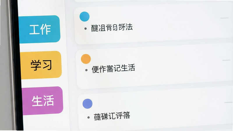 便签笔记分类界面,左侧竖排显示“工作”“学习”“生活”等彩色标签,右侧展示对应便签列表,每个便签左上角带有颜色小圆点,背景白色,文字清晰,界面干净清爽,画质细腻