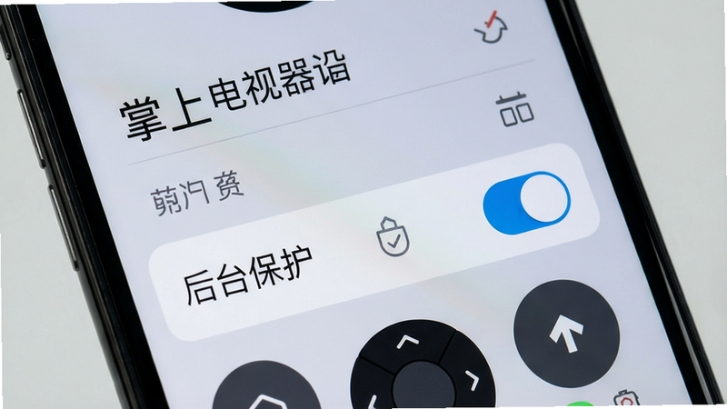 手机屏幕上显示掌上电视遥控器设置界面,突出显示“后台保护”选项开关,背景为浅灰色,布局简洁,UI元素清晰,画质高分辨率干净