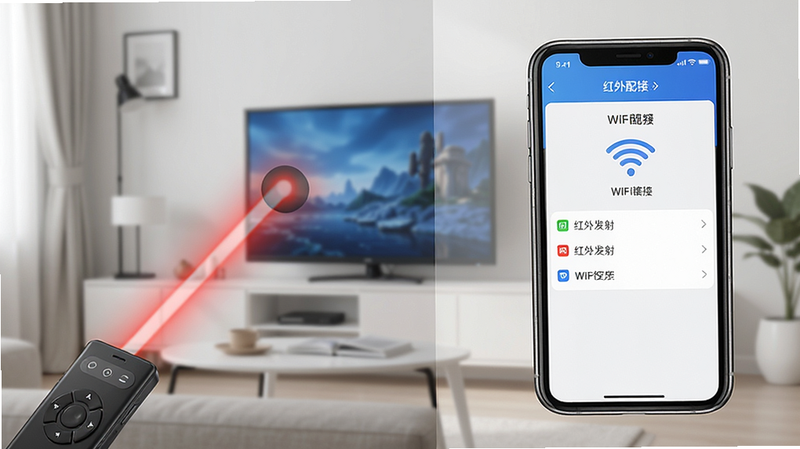 掌上电视遥控器App界面展示红外发射与WiFi连接两种模式切换,左侧手机发出红外线光束对准电视,右侧手机显示WiFi配对列表,布局左右分屏,风格清新直观,画质细腻干净