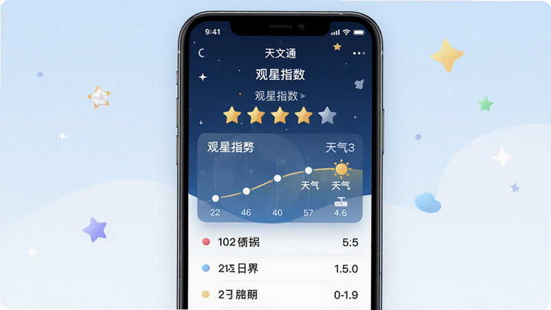 主体为手机屏幕显示观星指数星级评分和未来天气趋势,布局居中,排版简洁,风格清新,细节包括星级图标和日期列表,画质高清,干净,无多余元素,图片中文字标注“天文通”和“观星指数”