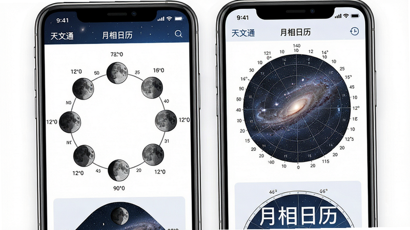 主体为手机屏幕显示月相图和银河方位示意图,布局左右分栏,排版美观,风格天文科普,细节包括月相变化和方位角度,画质高清,干净,无多余元素,图片中文字标注“天文通”和“月相日历”