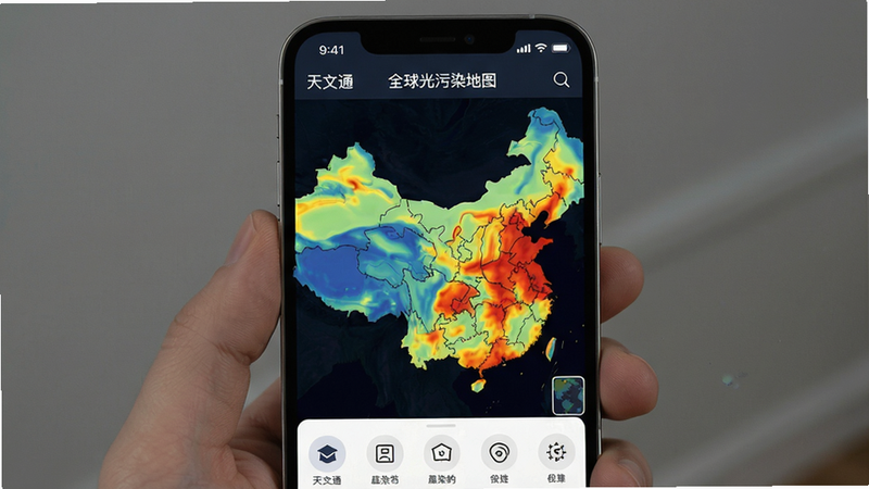 主体为手机屏幕显示光污染地图,布局居中,排版清晰,风格现代简约,细节包括地图上的颜色渐变和工具栏,画质高清,干净,无多余元素,图片中文字标注“天文通”和“全球光污染地图”