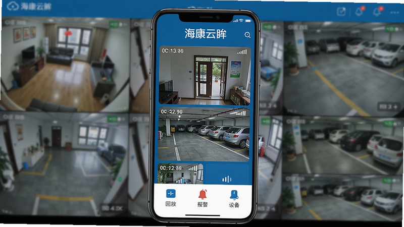 主体:一部智能手机屏幕显示“海康云眸”APP主界面,背景为多路监控画面实时预览。布局:手机居中,界面网格布局,每个画面清晰显示不同场景(室内、门口、停车场)。排版:上方有“海康云眸”LOGO,下方功能图标(回放、报警、设备)。风格:科技感、现代扁平化,色彩以海康蓝为主。细节:画面时间戳、信号强度图标。画质:4K超清,光线自然,干净无多余元素。