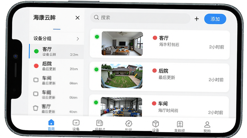 主体:手机屏幕显示“海康云眸”设备列表页,左侧为设备分组栏,右侧列出多个摄像头缩略图(如“客厅”、“后院”、“车间”)。布局:列表式布局,每个设备条目带状态指示灯(绿色离线/红色离线)、设备名称、最后更新时间。排版:顶部搜索框+添加按钮,底部Tab栏。风格:清晰整洁,卡片式设计。细节:缩略图显示实时画面帧,状态图标明显。画质:锐利,无多余元素。