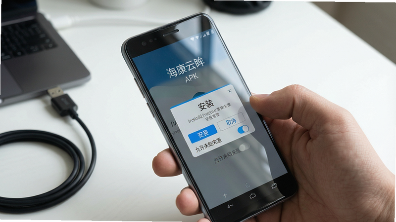 主体:一只手正在操作手机安装“海康云眸”APK,手机屏幕显示安装界面,下方有“允许未知来源”开关。布局:手机侧视图,背景为简约桌面,左侧有一个USB数据线连接电脑(示意刷机或安装包传输)。排版:手机屏幕中央出现安装对话框,有“安装”和“取消”按钮。风格:写实摄影风格,光线柔和。细节:手机型号为安卓主流机型,屏幕保护膜反光。画质:高清细腻,主体突出,无多余文字。