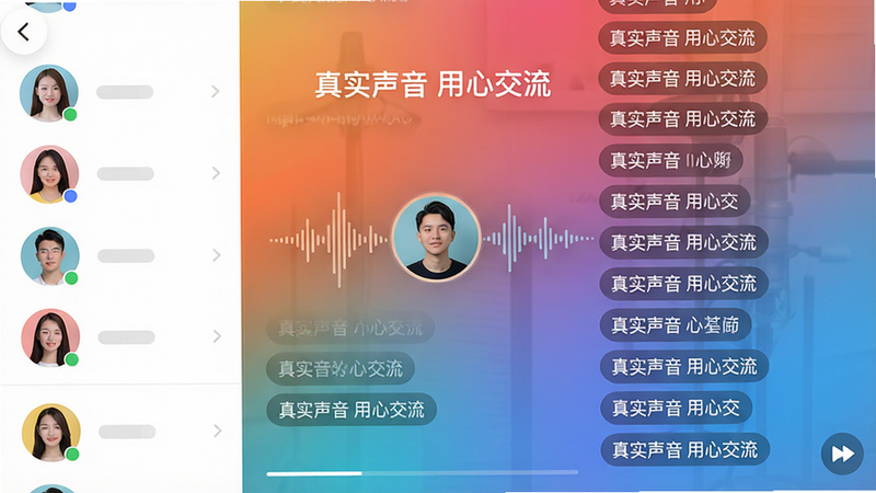 迷人应用内语音聊天室界面截图,左侧是用户头像列表,右侧是实时滚动文字弹幕,中央显示当前发言者的声波动画,背景为渐变色,文字标注“真实声音 用心交流”,画质干净,排版整洁