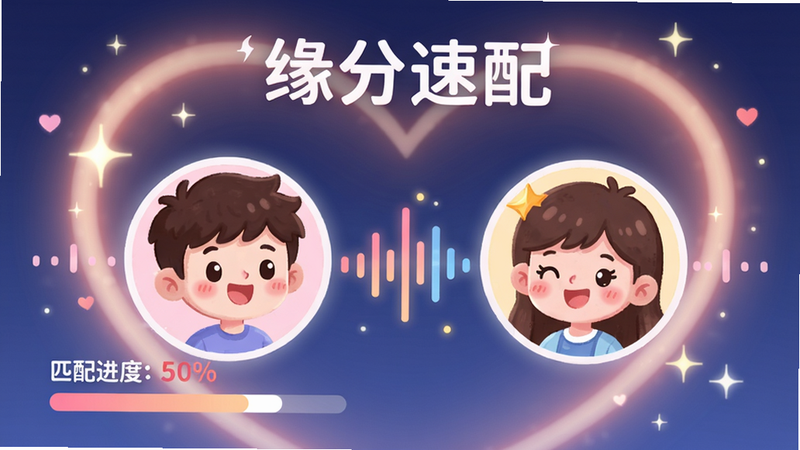迷人智能匹配功能界面设计图,顶部显示“缘分速配”字样,下方有两个卡通人物头像通过声波连线,左侧显示匹配进度百分比,背景是心形光晕,整体风格清新可爱,突出匹配成功后的喜悦感