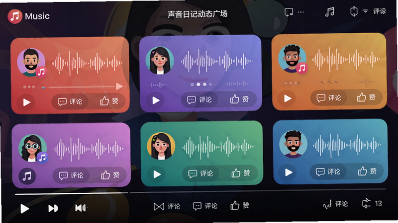 迷人软件内的声音日记动态广场界面,展示多条声波波形卡片,每张卡片上有人物头像和配乐图标,底部有播放、评论、点赞按钮,整体设计模仿音乐播放器风格,色彩丰富但不杂乱,画质高清