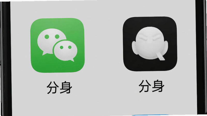 主体为天工魔盒应用分身界面,布局居中,显示微信和QQ两个图标各有两个,并标注“分身”,背景为浅灰色,风格为手机截图,细节清晰,画质高清,无多余元素。