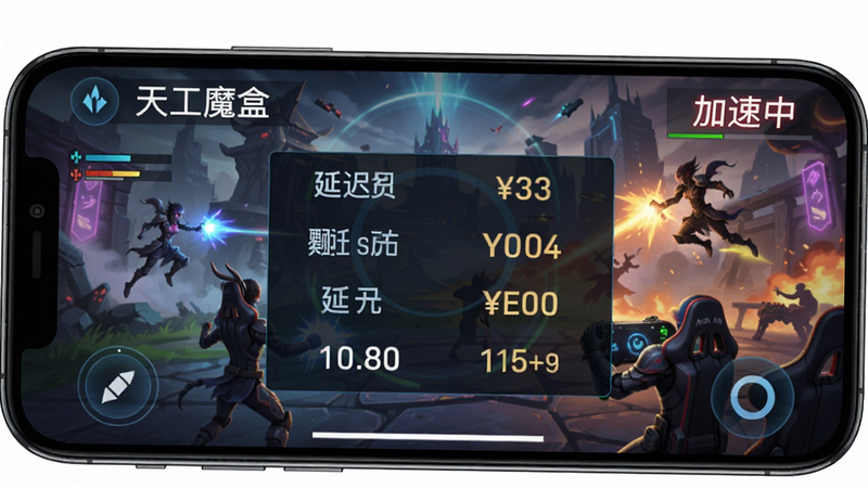 主体为手机屏幕展示天工魔盒游戏加速界面,布局居中,右上角有“加速中”字样,背景为炫酷游戏场景,风格为游戏UI界面截图,细节清晰显示延迟数据对比,画质高清,无多余元素。