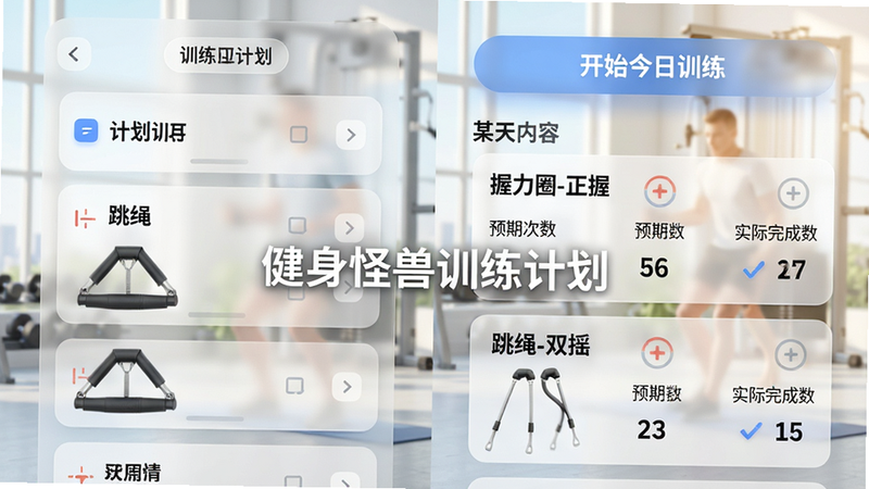 一张训练计划详情页,左侧为周计划列表,右侧为某天训练内容,包含“握力圈-正握”和“跳绳-双摇”两个动作,每个动作下方有预期次数和实际完成数,顶部有“开始今日训练”大按钮,UI采用毛玻璃效果,整体明亮干净,中间有“健身怪兽训练计划”字样