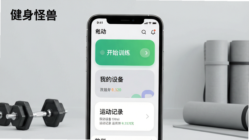 一张高清产品展示图,画面中央是手机屏幕显示健身怪兽App主界面,界面包含“开始训练”“我的设备”“运动记录”三大卡片模块,背景为浅灰色健身房场景,有哑铃和瑜伽垫作为装饰,整体风格简洁现代,左上角标注“健身怪兽”Logo,画质清晰干净,无多余元素