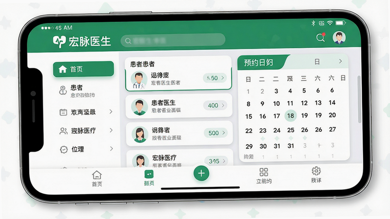 画面主体为一部智能手机横屏显示宏脉医生主界面,界面顶部有“宏脉医生”品牌标识,中部展示患者列表与预约日历,底部为功能导航栏。布局上采用左右分栏设计,左侧菜单栏,右侧内容区。风格为扁平化UI,带有柔和阴影与圆角卡片。细节包括清晰的中文字体、绿色主题色、状态栏时间信号正常显示。画质高清,干净无多余元素,突出软件界面与数字化医疗场景。