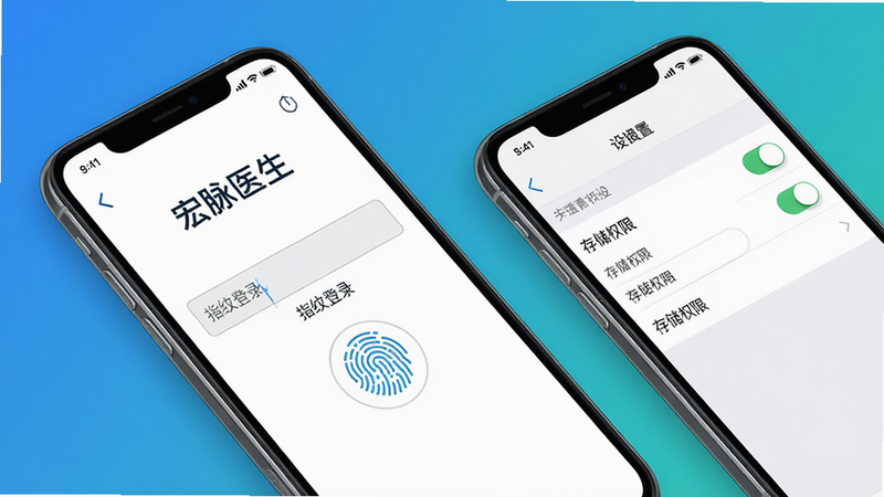 主体为两部手机并排放置,左边手机显示宏脉医生登录界面(输入框和指纹图标),右边手机显示设置页面的权限管理列表。布局上两部手机呈45度角摆放,背景为纯色渐变。风格简约清晰,细节包括左边屏幕上的“宏脉医生”Logo和“指纹登录”文字,右边屏幕上的“存储权限”开关。画质高清,干净无多余元素,突出安装配置步骤。
