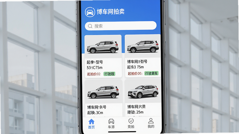 博车网拍卖 App 首页界面,主体为一部智能手机屏幕展示软件主界面,布局上方有博车网拍卖logo和搜索栏,中部为滚动车辆推荐卡片(每张卡片包含车辆侧视图、型号、起拍价、行驶里程标签),底部有首页、车源、竞拍、我的四个导航按钮。整体风格现代简洁,蓝色和白色为主色调,细节清晰,画质高清,无多余元素。