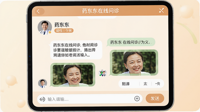 药东东在线问诊聊天界面,主体为医生咨询对话窗口,布局左右气泡方式,风格温暖亲和,细节包括医生头像、姓名、职称标签,聊天内容包含文字和图片,底部为输入框和发送按钮,顶部显示