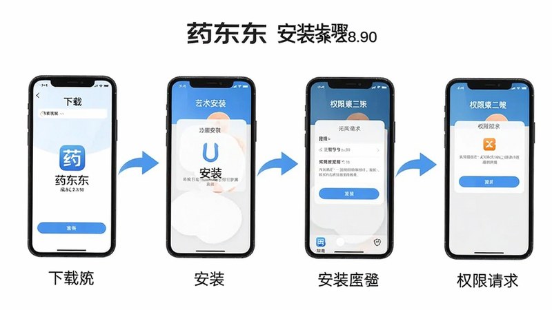 药东东安装步骤示意图,主体为手机屏幕依次显示下载、安装、权限请求界面,布局流程化从左到右排列,风格清晰图示,细节包括箭头指引和文字标注,画质高清干净,带有“药东东”字样和版本号2.8.90。