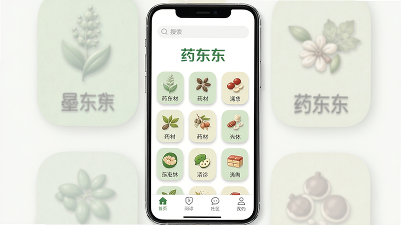 药东东APP主界面预览图,主体为手机竖屏显示首页,布局居中,顶部有搜索栏和