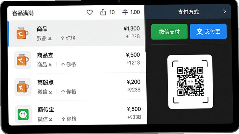 客满满收银界面特写,显示商品清单、价格合计、支付方式选择;布局左侧商品列表,右侧支付区域;风格扁平化UI设计,色彩鲜明;细节包含“微信支付”“支付宝”按钮和扫码框;画质清晰干净,无多余元素