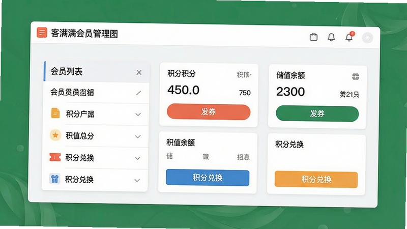 客满满会员管理界面,展示会员列表、积分、储值余额;布局卡片式;风格现代扁平;细节包含“发券”“积分兑换”按钮;画质干净,无多余元素
