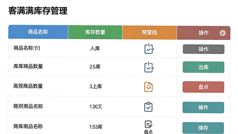 客满满库存管理界面,显示商品名称、库存数量、预警线、操作按钮;布局表格形式,表头带颜色;风格商务简洁;细节有“入库”“出库”“盘点”图标;画质高清,无多余元素