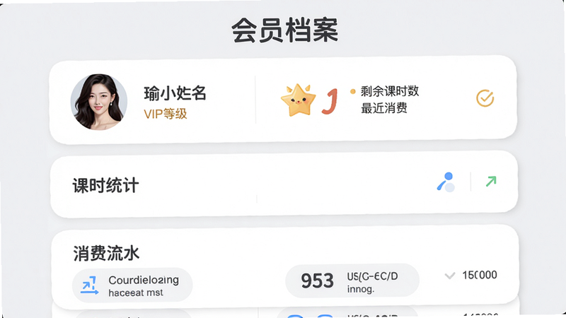 主体:瑜小九会员详情页,包含会员头像、姓名、VIP等级、剩余课时数、最近消费记录列表;布局:信息卡片式排列,从上到下依次为基本信息、课时统计、消费流水;风格:清新商务风,字体圆润,背景为浅灰色;画质:干净,无广告干扰;文字:“会员档案”四字显示在页面顶部。