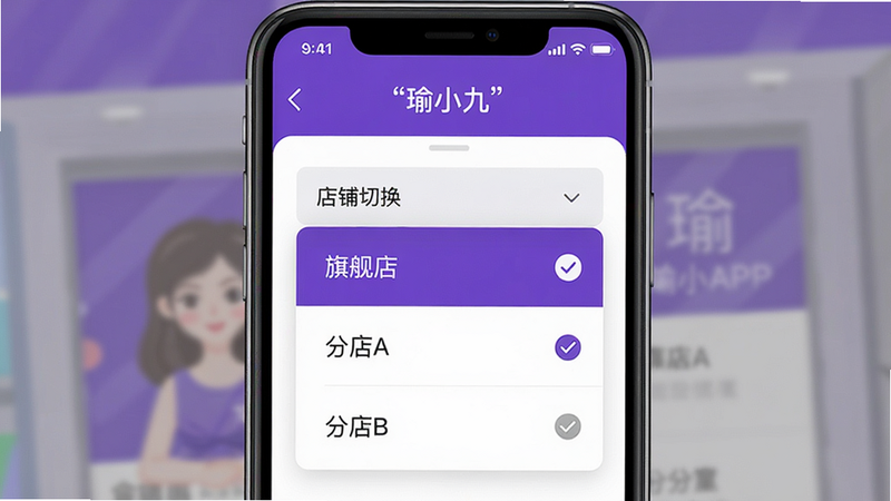 主体:瑜小九APP界面展示“店铺切换”下拉菜单,列表中显示“旗舰店”、“分店A”、“分店B”等选项;布局:手机竖屏展示,列表居中,每个店铺名称旁有对号图标表示当前选中;风格:扁平化UI截图风格,色彩以品牌色紫色为主;画质:高清,文字清晰可见;文字:“瑜小九”加引号出现在状态栏。