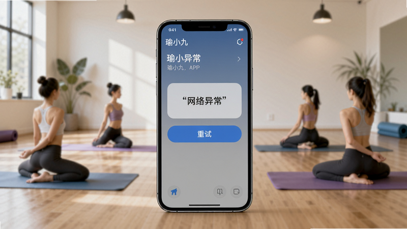 主体:手机屏幕上显示瑜小九APP出现“网络异常”提示框,下方有“重试”按钮;布局:手机居中,背景模糊化的瑜伽教室;风格:写实感;画质:高清;文字:“网络异常”加引号显示在提示框内。