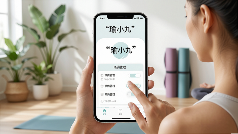 主体:一位瑜伽教练正在手机屏幕上操作瑜小九APP界面,界面显示“瑜小九”Logo和“预约管理”模块;布局:手机居中,屏幕内容清晰可见,背景为简洁的瑜伽工作室场景,有绿植和瑜伽垫;排版:手机屏幕占画面主要区域,周围留白;风格:写实商业摄影风格,光线明亮柔和,细节丰富;画质:8K超清,干净无多余元素;文字:“瑜小九”三个字加引号显示在手机顶部。