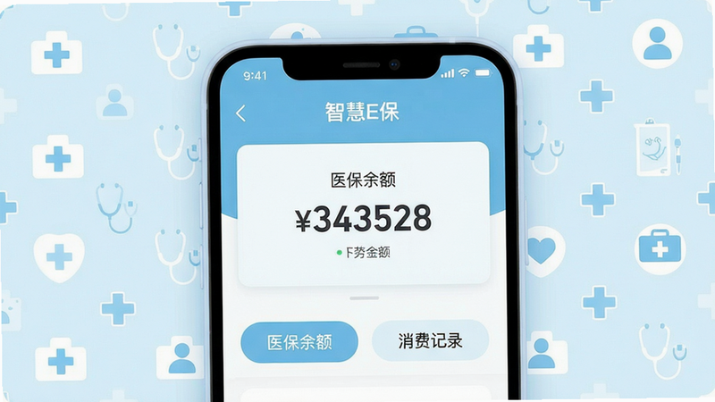 主体:智慧E保手机APP界面,展示医保余额查询页面,背景为干净医疗图标;布局:居中构图,界面清晰显示“智慧E保”字样及数字余额;排版:扁平化UI风格,色彩以浅蓝和白色为主;风格:现代简约,医疗健康氛围;细节:界面包含“医保余额”、“消费记录”按钮,手机边框柔和;画质:4K超清,干净无多余元素