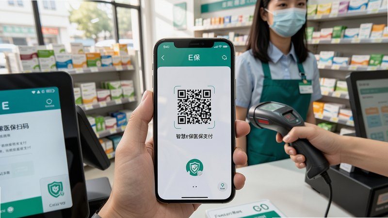 主体:智慧E保扫码支付场景,用户手机显示付款码,药房收银台;布局:第一人称视角,手机在画面中央;排版:付款码下方有“智慧E保医保支付”字样;风格:真实生活场景;细节:收银员手持扫码枪,背景货架有药品;画质:明亮自然光,干净