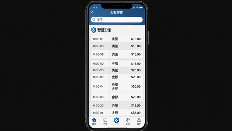 主体:智慧E保APP内“余额查询”功能截图,显示多条医保记录;布局:列表视图,顶部搜索栏;排版:清晰的数据表格,每行包含时间、类型、金额;风格:干净商务风,字体统一;细节:左侧有“智慧E保”logo,底部导航栏高亮;画质:高清,无多余元素