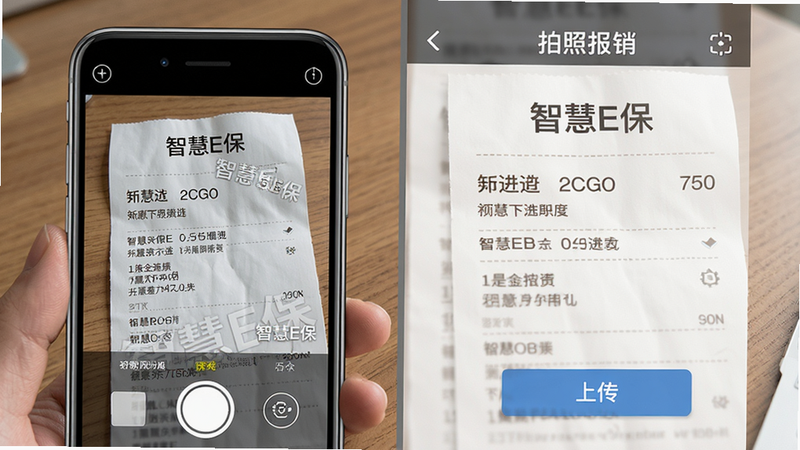 主体:智慧E保“拍照报销”操作界面,手机拍摄发票特写;布局:分屏左为拍照预览,右为识别结果;排版:简洁,有“上传”按钮;风格:拟物化拍照界面;细节:发票上文字清晰可辨,“智慧E保”水印;画质:超清,背景为木桌面