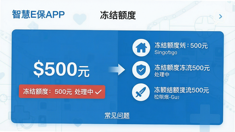 主体:智慧E保APP内“冻结额度”说明页面,展示示意图;布局:卡片式布局,左侧为金额,右侧为解释图标;排版:简洁文字加箭头图示;风格:医疗蓝主题;细节:显示“冻结额度:500元 处理中”,底部有“常见问题”链接;画质:高清,无多余元素
