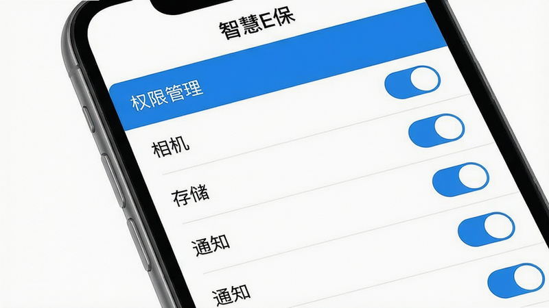 主体:智慧E保手机设置界面,展示“权限管理”列表;布局:列表形式,权限开关状态;排版:白色背景,蓝色主题色;风格:手机系统设置风格;细节:展示“相机”“存储”“通知”等权限开关,顶部有“智慧E保”字样;画质:高清,干净无多余元素