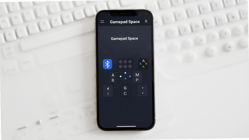Gamepad Space软件全貌展示,主体为手机连接手柄的界面,布局居中,手机屏幕显示映射按键布局,风格现代简洁,细节包括蓝牙图标、映射点阵,画质高清干净,文字标注“Gamepad Space”
