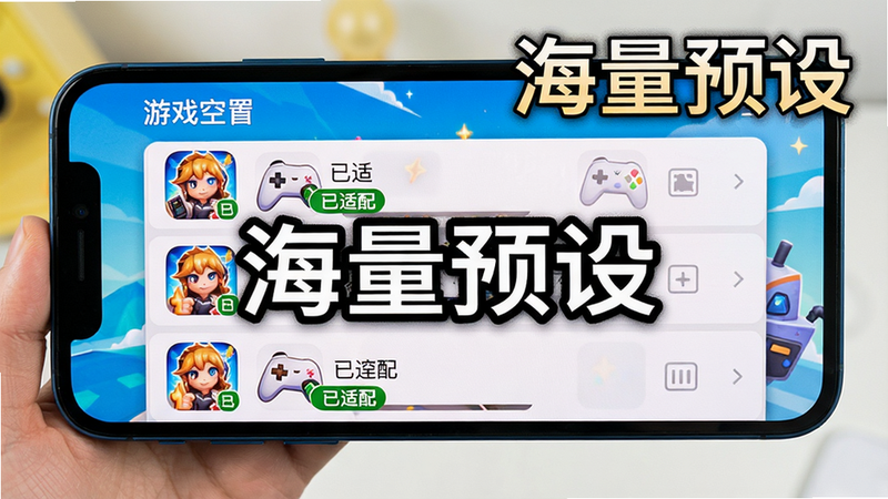 Gamepad Space游戏预设列表,主体为手机屏幕上显示游戏列表,布局列表形式,风格明亮,细节包括游戏图标和“已适配”标签,画质清晰,文字标注“海量预设”