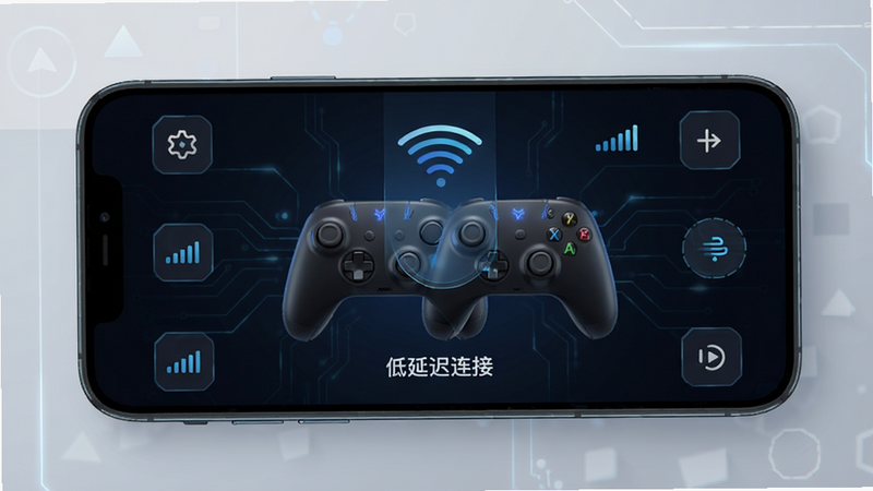 Gamepad Space蓝牙连接界面,主体为手机与手柄配对图示,布局居中,风格科技感,细节有信号强度指示,画质高清,文字标注“低延迟连接”