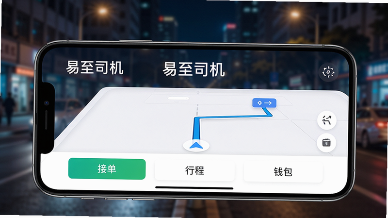 主体为一部智能手机横屏显示易至司机APP主界面,界面中上方显示“易至司机”字样,下方有“接单”“行程”“钱包”等按钮,背景为模糊的城市街道夜景,手机屏幕上的导航路线清晰可见,整体风格简洁明亮,技术感十足,画质高清,干净无多余元素