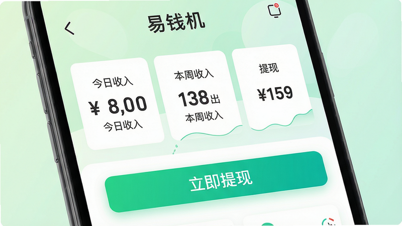易至司机钱包页面,显示“今日收入”“本周收入”“提现”等板块,数字清晰,按钮“立即提现”高亮,背景为淡绿色渐变,风格干净商务,画质清晰